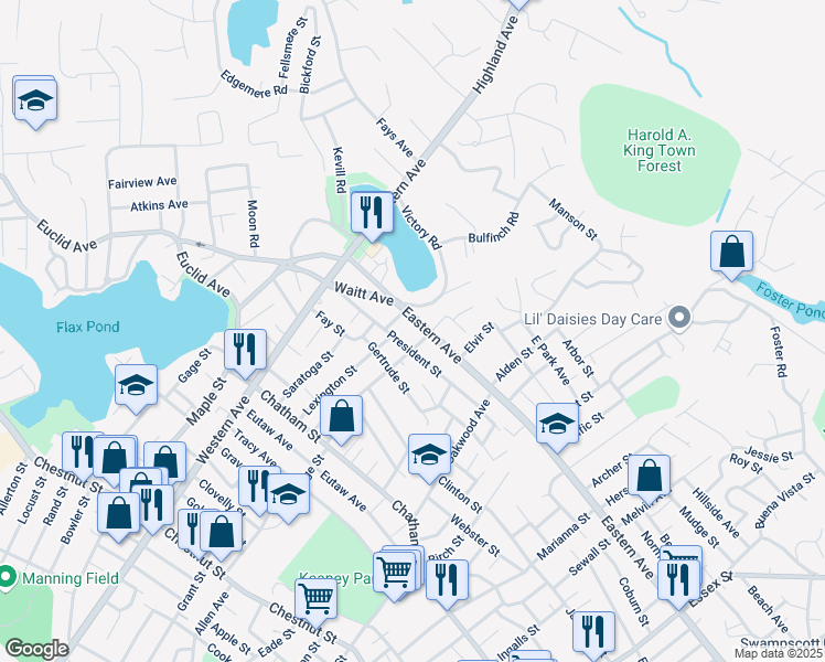 map of restaurants, bars, coffee shops, grocery stores, and more near 8 Lufkin Street in Lynn