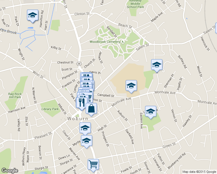 map of restaurants, bars, coffee shops, grocery stores, and more near 5 Wade Avenue in Woburn