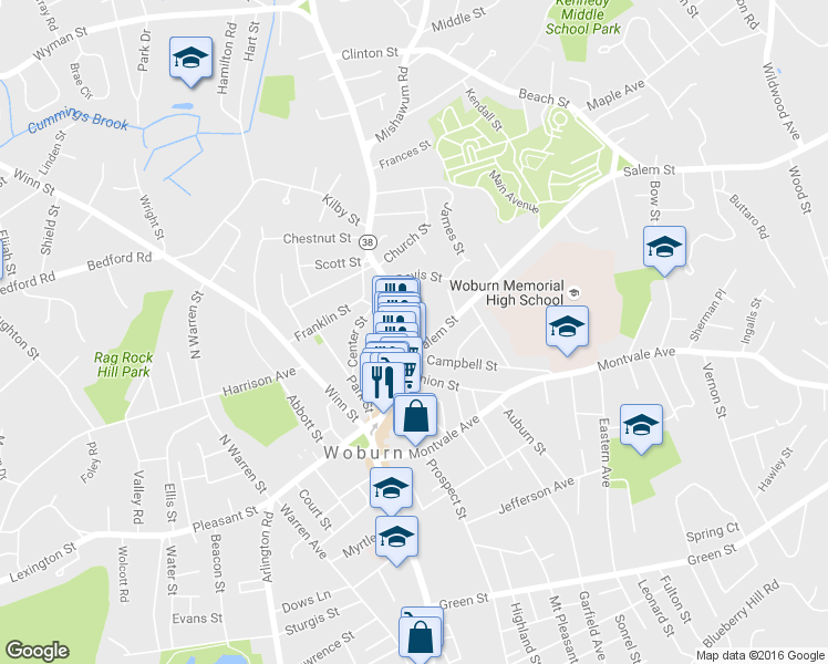map of restaurants, bars, coffee shops, grocery stores, and more near 505 Main Street in Woburn