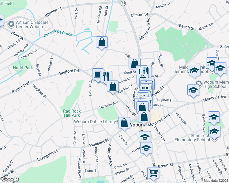 map of restaurants, bars, coffee shops, grocery stores, and more near 91R Winn Street in Woburn