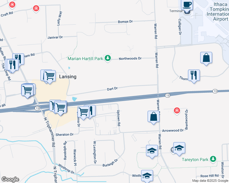 map of restaurants, bars, coffee shops, grocery stores, and more near 37 Dart Drive in Ithaca