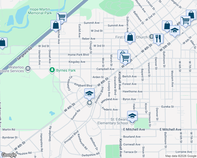 map of restaurants, bars, coffee shops, grocery stores, and more near 220-226 Arden Street in Waterloo