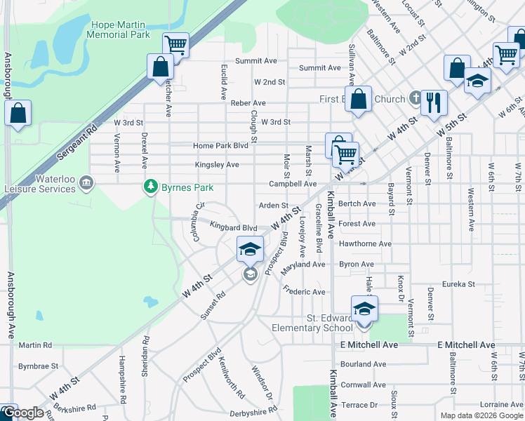 map of restaurants, bars, coffee shops, grocery stores, and more near 220-226 Arden Street in Waterloo