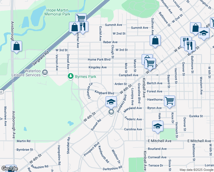map of restaurants, bars, coffee shops, grocery stores, and more near 830 Clough Street in Waterloo