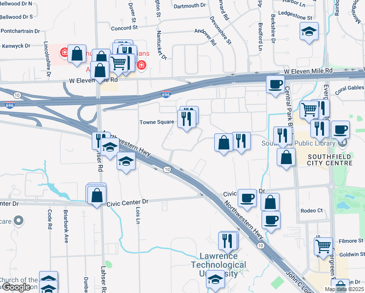 map of restaurants, bars, coffee shops, grocery stores, and more near 2 Towne Square in Southfield