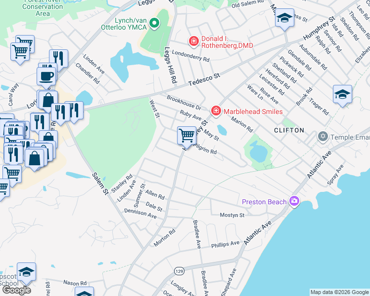 map of restaurants, bars, coffee shops, grocery stores, and more near 2 Endicott Avenue in Marblehead