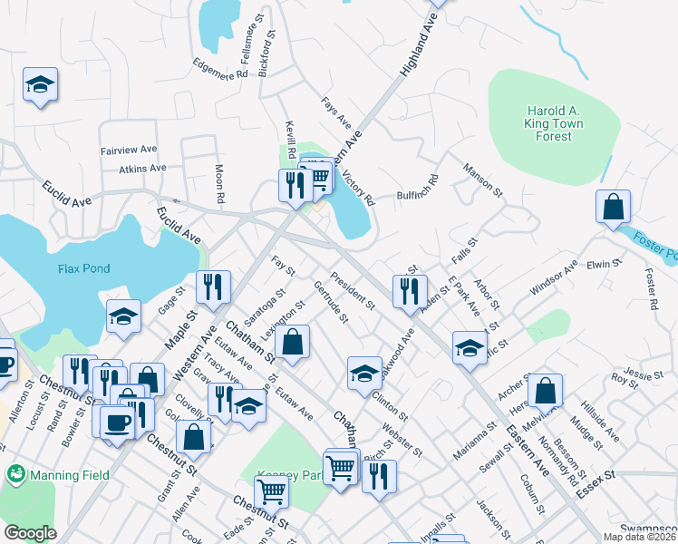 map of restaurants, bars, coffee shops, grocery stores, and more near 8 Lufkin Street in Lynn