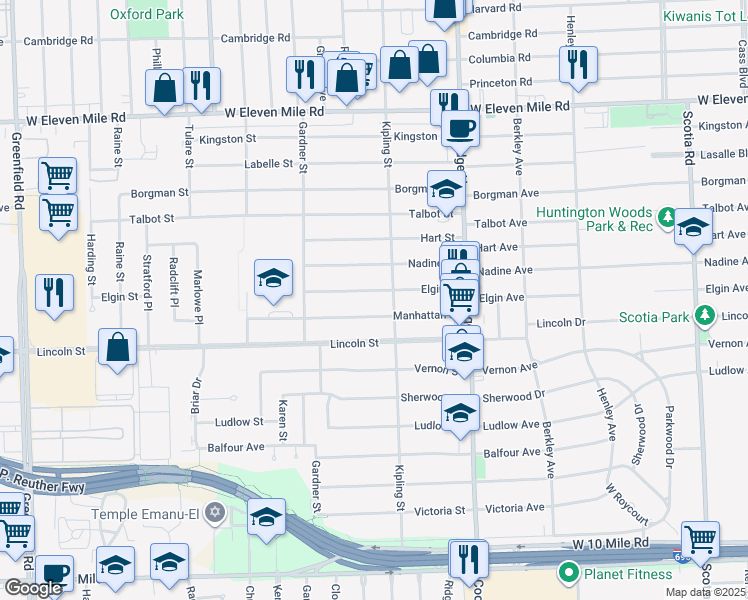 map of restaurants, bars, coffee shops, grocery stores, and more near 14051 Elgin Street in Oak Park
