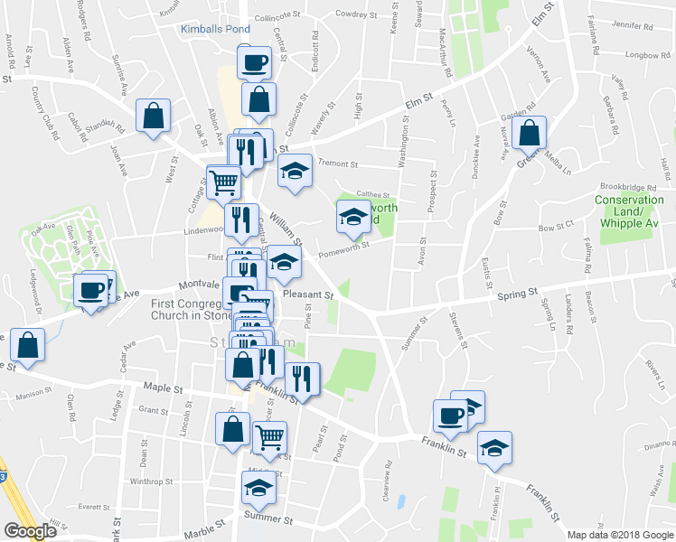 map of restaurants, bars, coffee shops, grocery stores, and more near 25 William Street in Stoneham