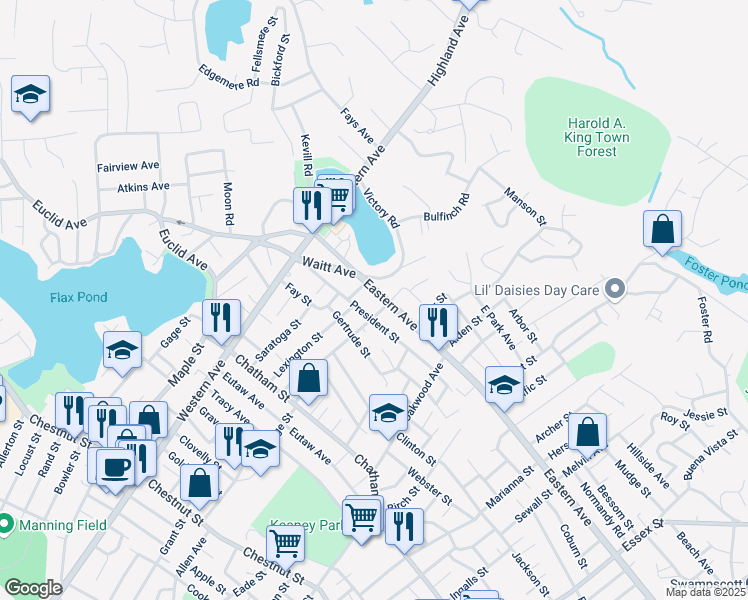 map of restaurants, bars, coffee shops, grocery stores, and more near 8 Lufkin Street in Lynn