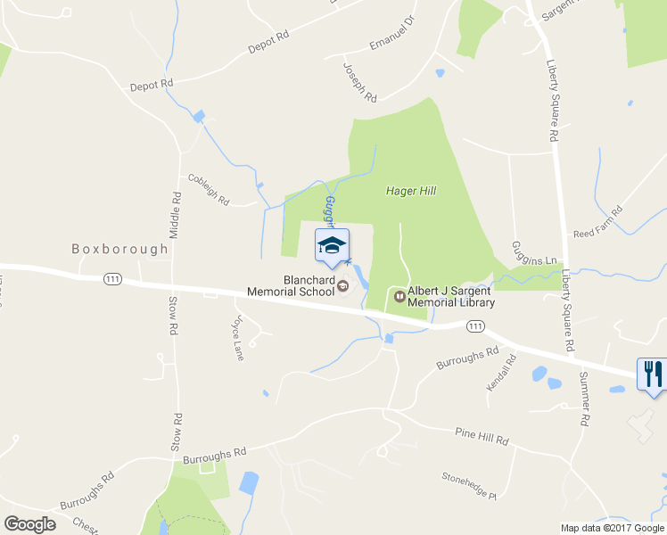 map of restaurants, bars, coffee shops, grocery stores, and more near 493 Massachusetts Avenue in Boxborough