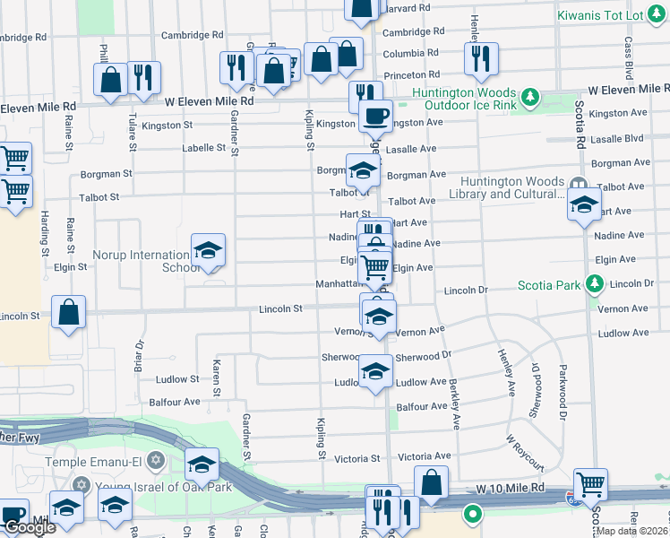 map of restaurants, bars, coffee shops, grocery stores, and more near 13711 Elgin Street in Oak Park