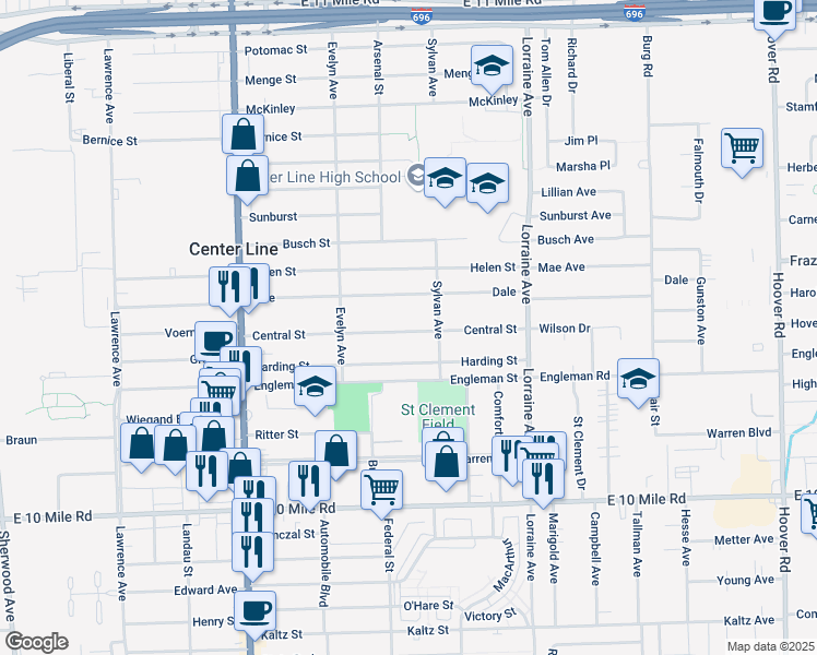 map of restaurants, bars, coffee shops, grocery stores, and more near 8441 Central Street in Center Line