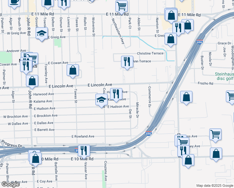 map of restaurants, bars, coffee shops, grocery stores, and more near 1207 Harwood Avenue in Madison Heights