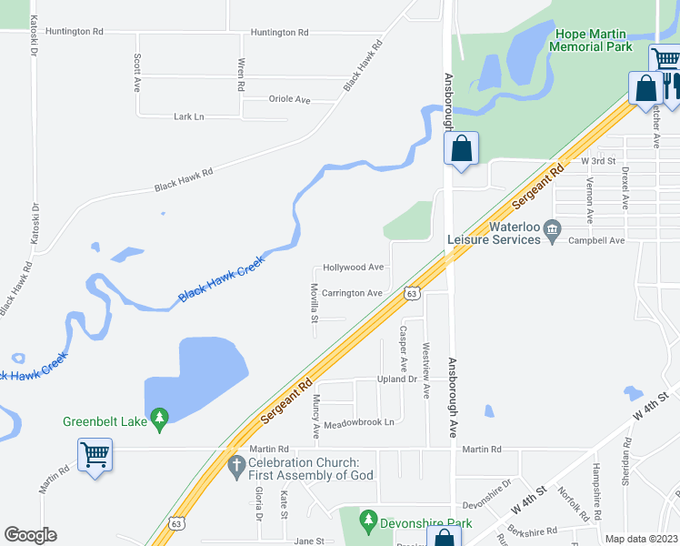 map of restaurants, bars, coffee shops, grocery stores, and more near 223 Hollywood Avenue in Waterloo