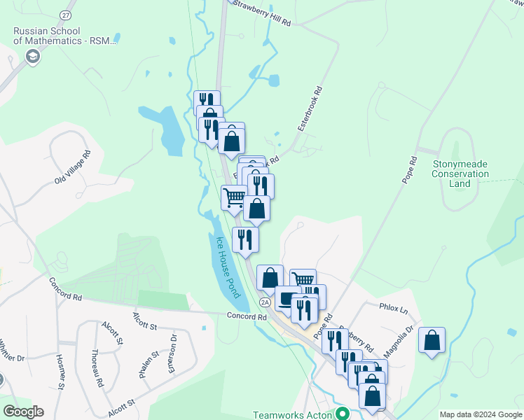 map of restaurants, bars, coffee shops, grocery stores, and more near 145 Great Road in Acton