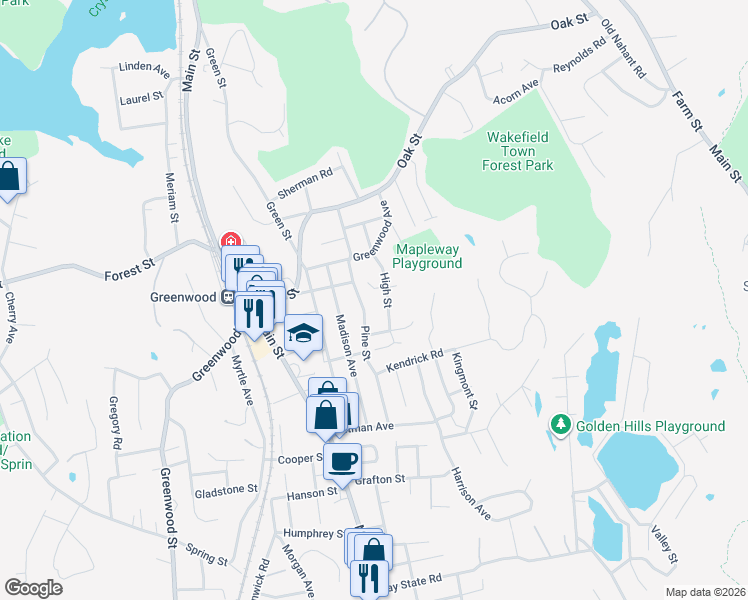 map of restaurants, bars, coffee shops, grocery stores, and more near 15 High Street in Wakefield