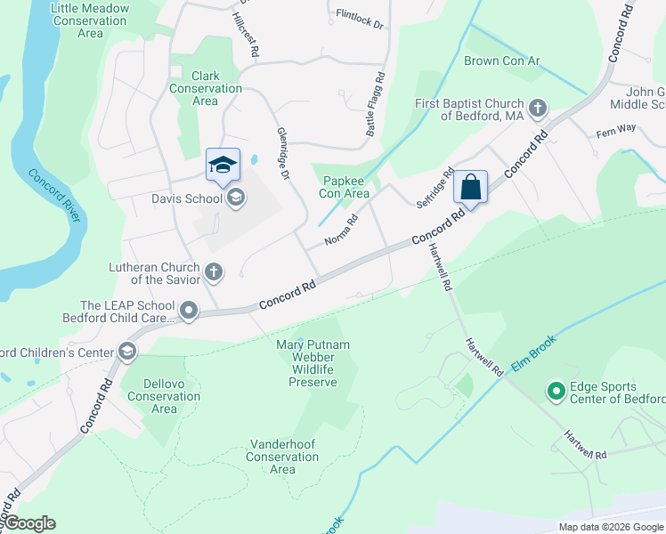 map of restaurants, bars, coffee shops, grocery stores, and more near 281 Concord Road in Bedford