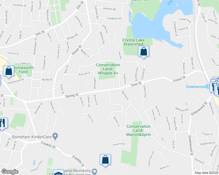 map of restaurants, bars, coffee shops, grocery stores, and more near 3 Cardinal Road in Stoneham
