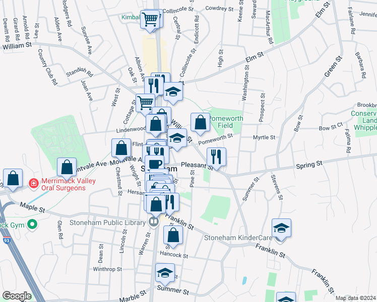 map of restaurants, bars, coffee shops, grocery stores, and more near 46 William Street in Stoneham