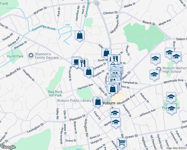 map of restaurants, bars, coffee shops, grocery stores, and more near 91R Winn Street in Woburn