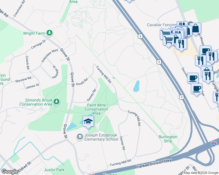 map of restaurants, bars, coffee shops, grocery stores, and more near 54 Turning Mill Road in Lexington