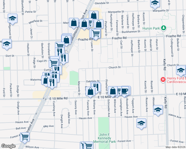 map of restaurants, bars, coffee shops, grocery stores, and more near 25364 Lawn Street in Roseville