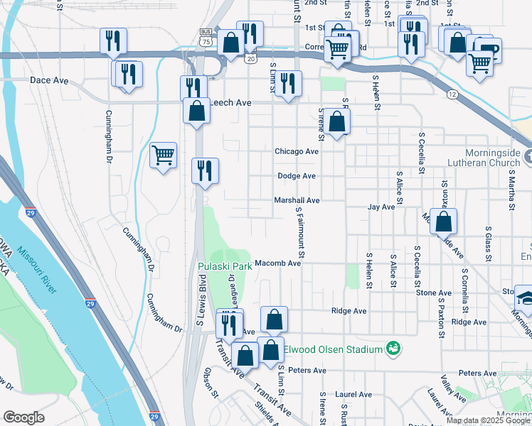 map of restaurants, bars, coffee shops, grocery stores, and more near 801 South Linn Street in Sioux City