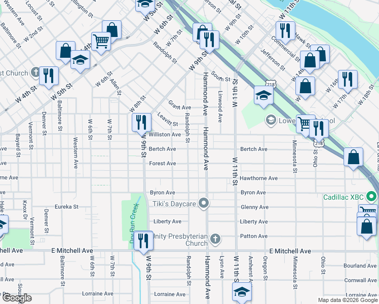 map of restaurants, bars, coffee shops, grocery stores, and more near 1300-1304 Bertch Avenue in Waterloo