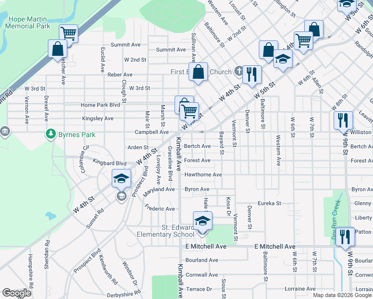 map of restaurants, bars, coffee shops, grocery stores, and more near 114 Bertch Avenue in Waterloo