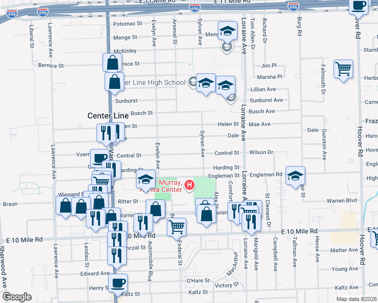 map of restaurants, bars, coffee shops, grocery stores, and more near 8441 Central Street in Center Line