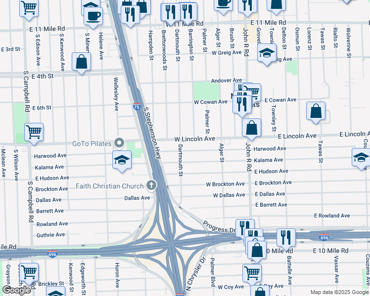 map of restaurants, bars, coffee shops, grocery stores, and more near 497 West Lincoln Avenue in Madison Heights