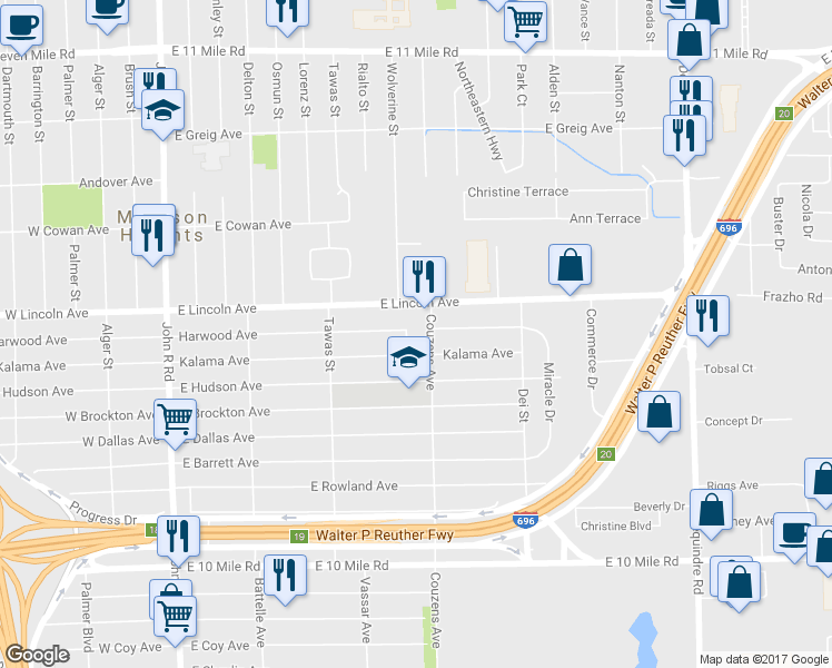 map of restaurants, bars, coffee shops, grocery stores, and more near 25836 Truman Street in Madison Heights