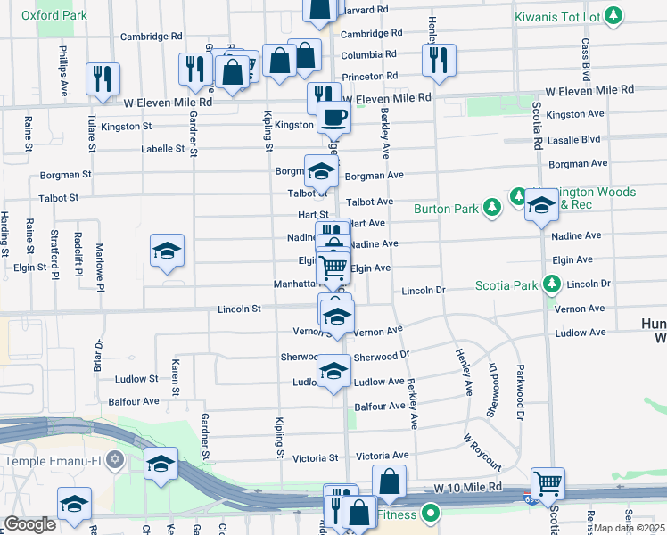 map of restaurants, bars, coffee shops, grocery stores, and more near 13625 Elgin Street in Oak Park