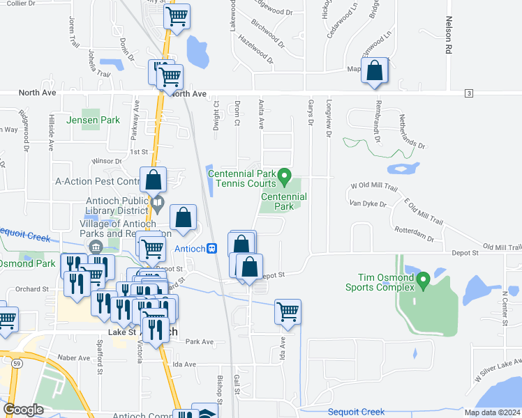 map of restaurants, bars, coffee shops, grocery stores, and more near 293 Anita Terrace in Antioch