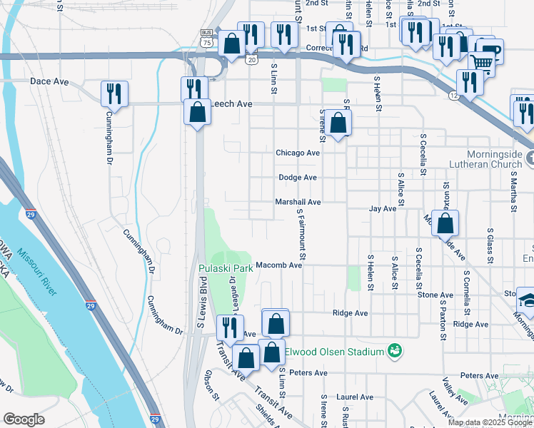 map of restaurants, bars, coffee shops, grocery stores, and more near 801 South Linn Street in Sioux City