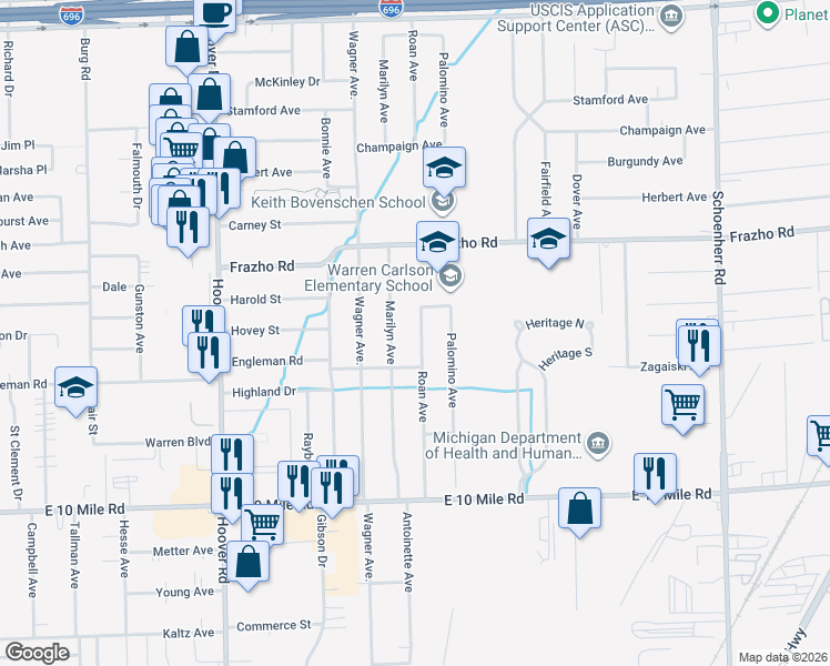 map of restaurants, bars, coffee shops, grocery stores, and more near 25607 Roan Drive in Warren