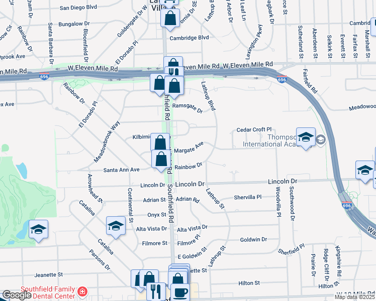 map of restaurants, bars, coffee shops, grocery stores, and more near Margate Avenue in Oakland County