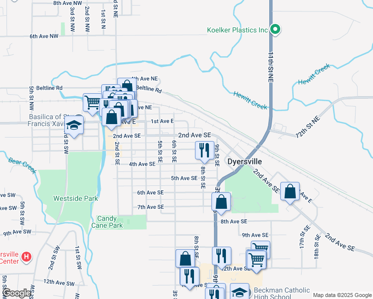 map of restaurants, bars, coffee shops, grocery stores, and more near 625 3rd Avenue Southeast in Dyersville