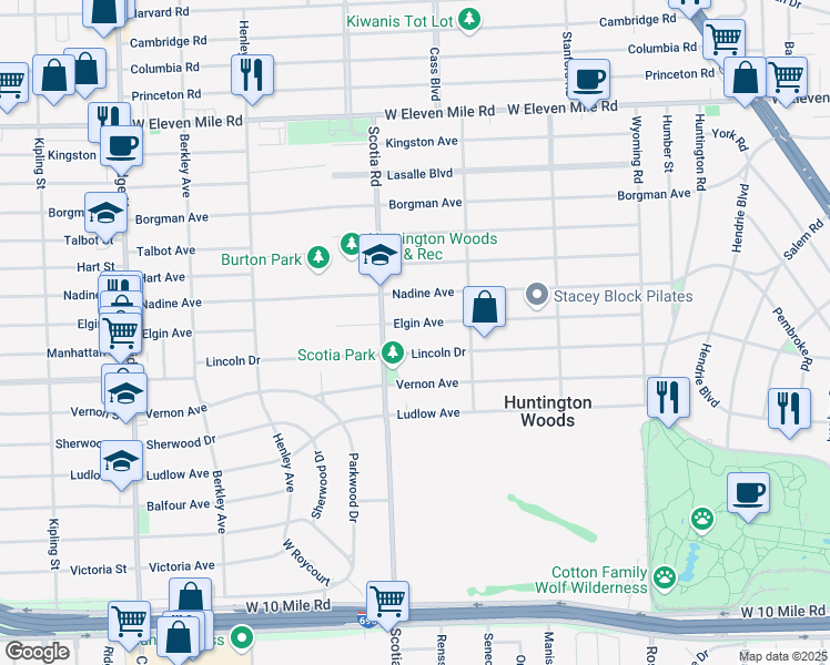 map of restaurants, bars, coffee shops, grocery stores, and more near 10795 Elgin Avenue in Huntington Woods