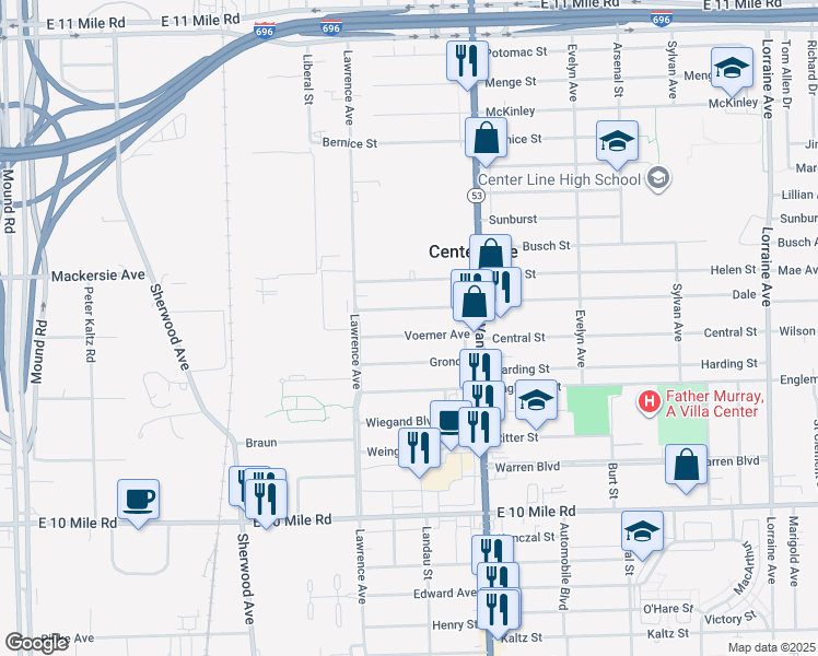 map of restaurants, bars, coffee shops, grocery stores, and more near 7264 Dale in Center Line