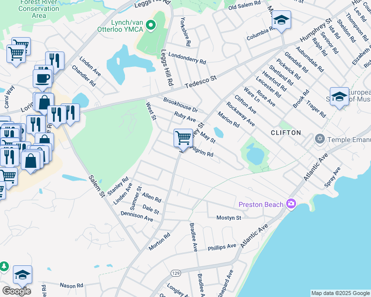 map of restaurants, bars, coffee shops, grocery stores, and more near 1 Pilgrim Road in Marblehead