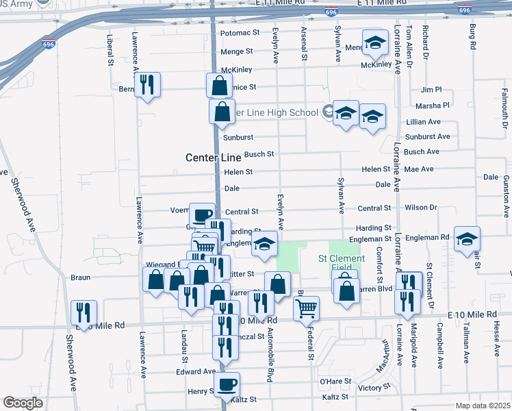 map of restaurants, bars, coffee shops, grocery stores, and more near 8113 Central Street in Center Line