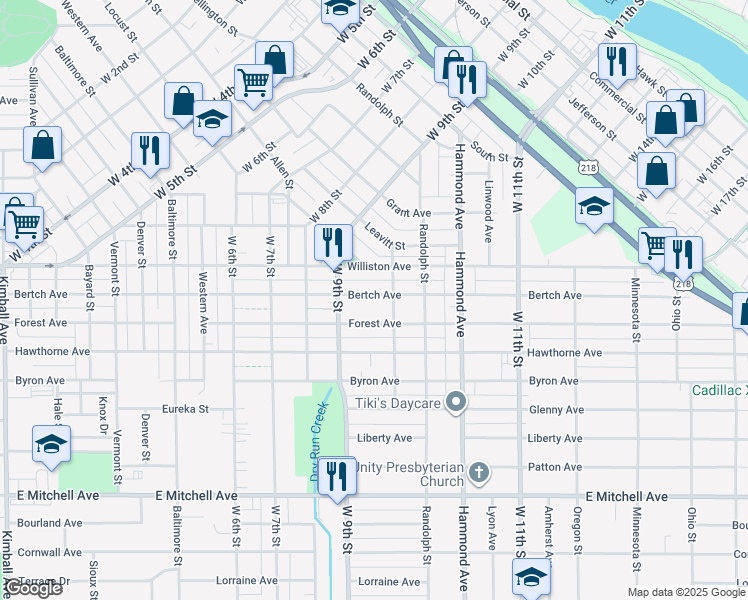 map of restaurants, bars, coffee shops, grocery stores, and more near 1136 Bertch Avenue in Waterloo