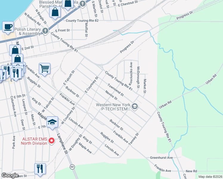 map of restaurants, bars, coffee shops, grocery stores, and more near 247 Townsend Street in Dunkirk
