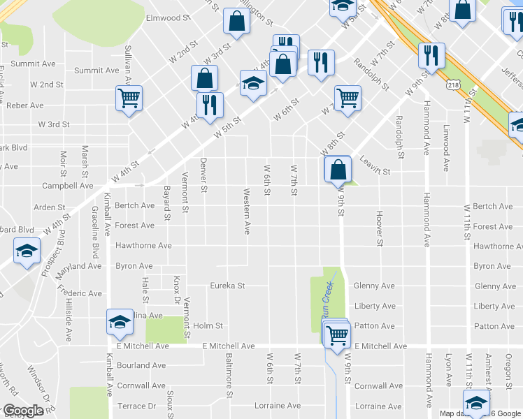 map of restaurants, bars, coffee shops, grocery stores, and more near 718 Bertch Avenue in Waterloo