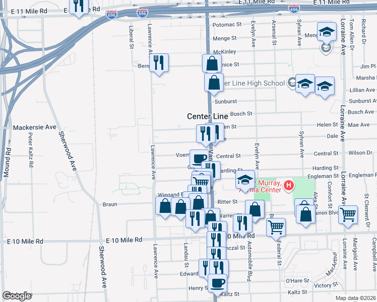 map of restaurants, bars, coffee shops, grocery stores, and more near 7359 Voerner Avenue in Center Line