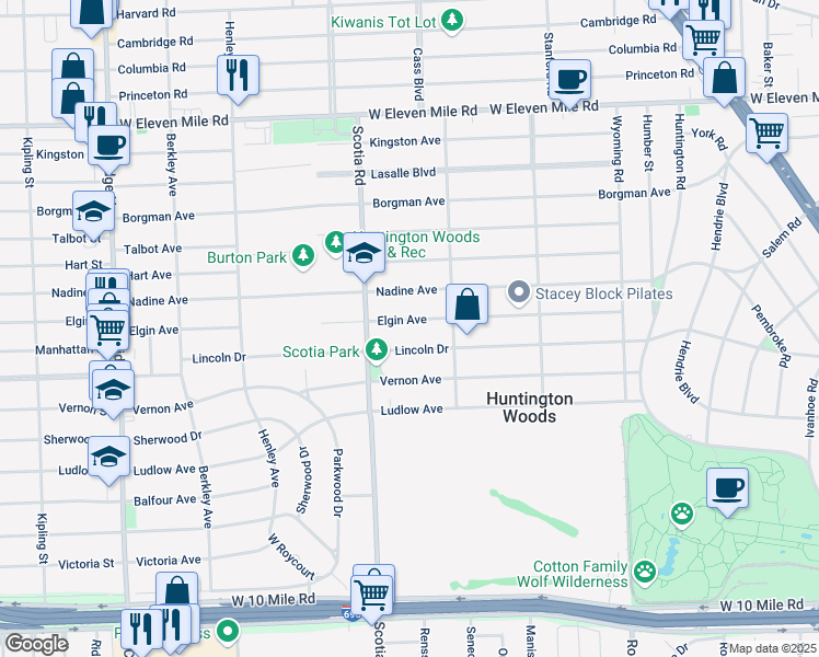 map of restaurants, bars, coffee shops, grocery stores, and more near 10795 Elgin Avenue in Huntington Woods