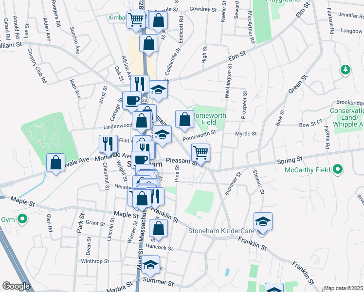 map of restaurants, bars, coffee shops, grocery stores, and more near 36 William Street in Stoneham