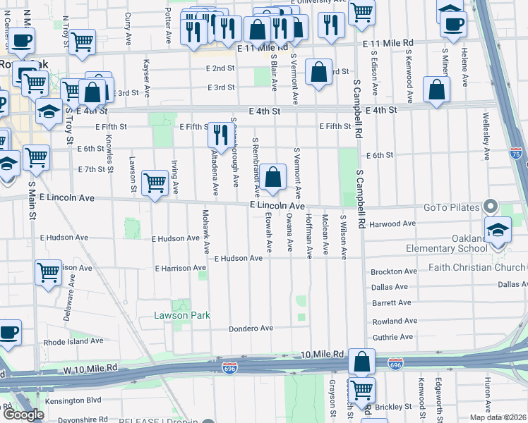 map of restaurants, bars, coffee shops, grocery stores, and more near 1220 East Lincoln Avenue in Royal Oak